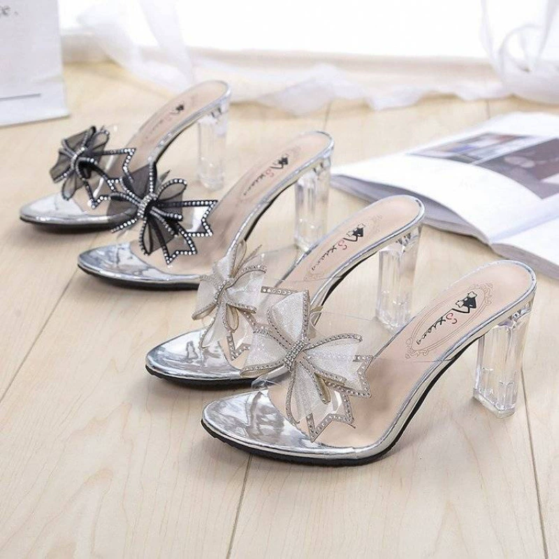 33-46 Прозрачные сандалии большого размера женские 44-45 средний каблук темперамент на высоких каблуках 43 бант на тонких каблуках слово тапочки 42