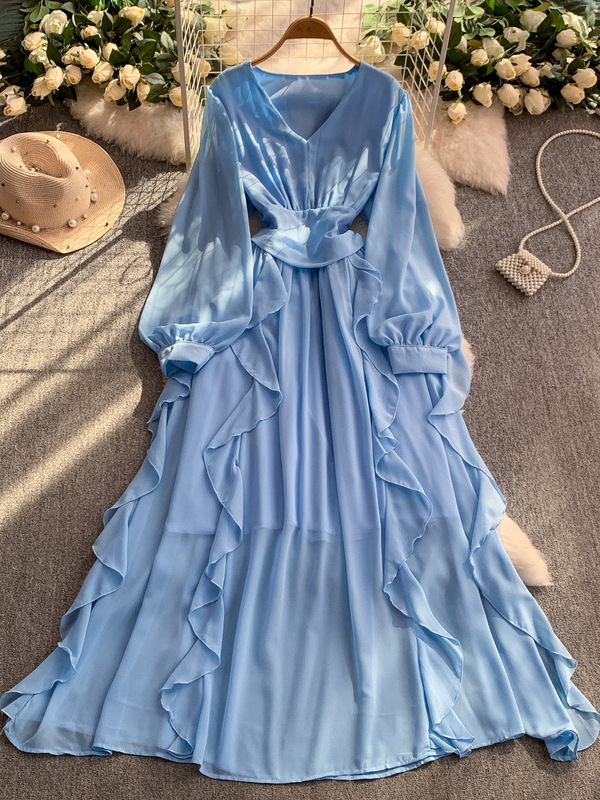 French Gentle Pink V Neck Lantern Sleeve Dress for Women Autum Waist Slimming Look Ruffled Chiffon Fairy Dress