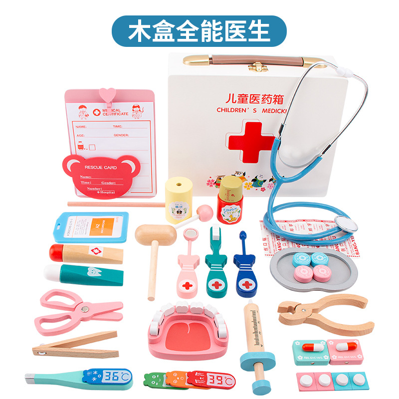 Productos de madera doctor niños juguetes de simulación jugar casa doctor enfermera inyección caja de madera almacenamiento caja de la medicina hombres y mujeres