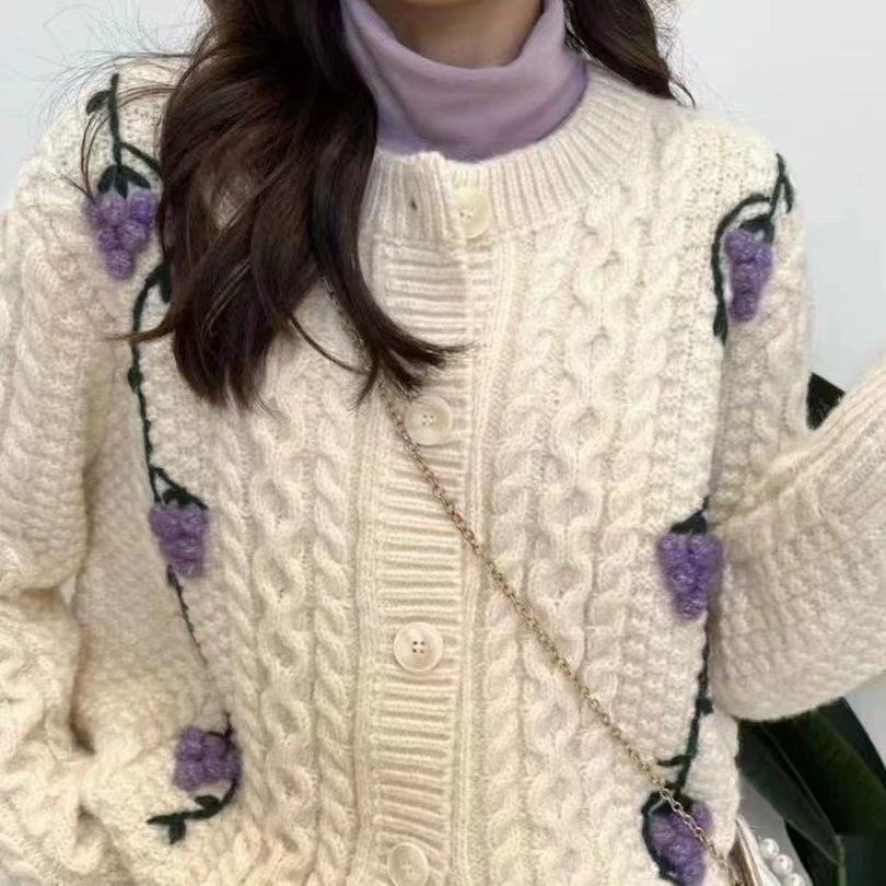 Весна и осень, новый трехмерный сладкий вязаный кардиган из винограда в Корейском стиле, Женская свободная универсальная куртка с длинными рукавами и вышивкой