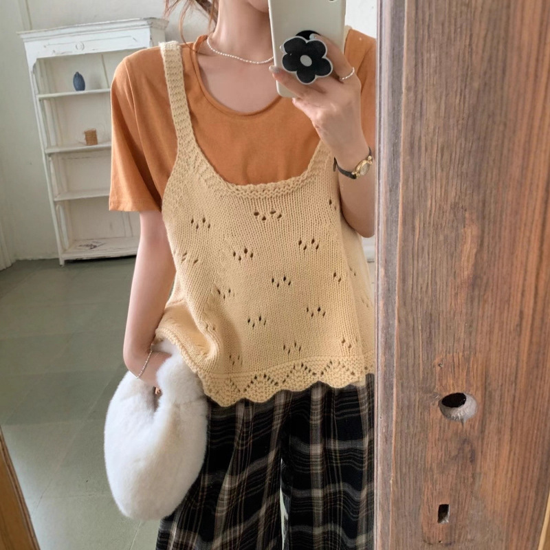 韩系甜美减龄纯色镂空羊毛小吊带女短款叠穿百搭针织毛衣秋季新款|undefined