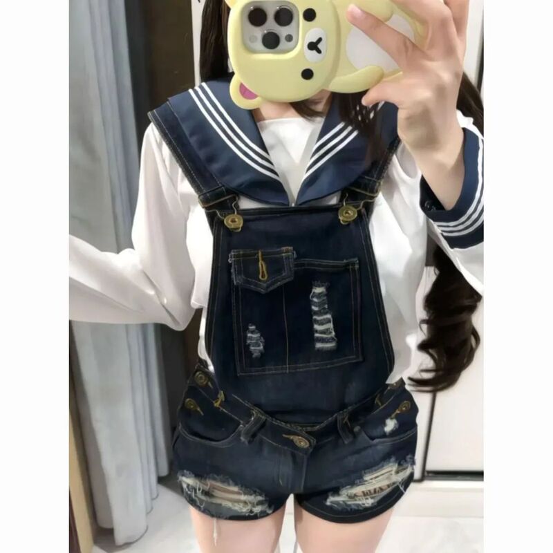 Trendy Denim Overalls Japanese Cute Simple Distressed Design 2025 Washed Short Hot Pants Vibe Style