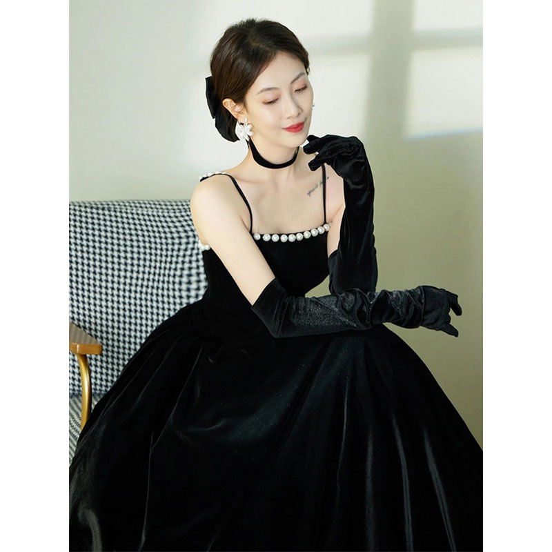 Black Evening Dress, Wedding Dress with Straps, Velvet Birthday Dress, Annual Party Dress with Large Skirt, High-Waisted Princess Dress, Ball Gown Black Evening Dress, Wedding Dress with Straps, Velvet Birthday Dress, Annual Party Dress with Large Skirt, High-Waisted Princess Dress, Ball Gown