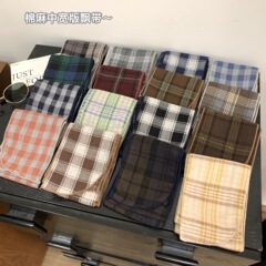 レトロ文学綿ブルーチェック柄ロングスカーフ女性のための春と夏のシルクスカーフカレッジスタイルショートリボンヘアバンド