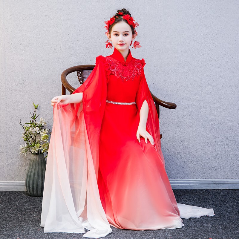 Red hanfu fairy dress children qipao cheongsam dress water sleeves host chorus girls play guzheng dance costumes China performance qipao for kids