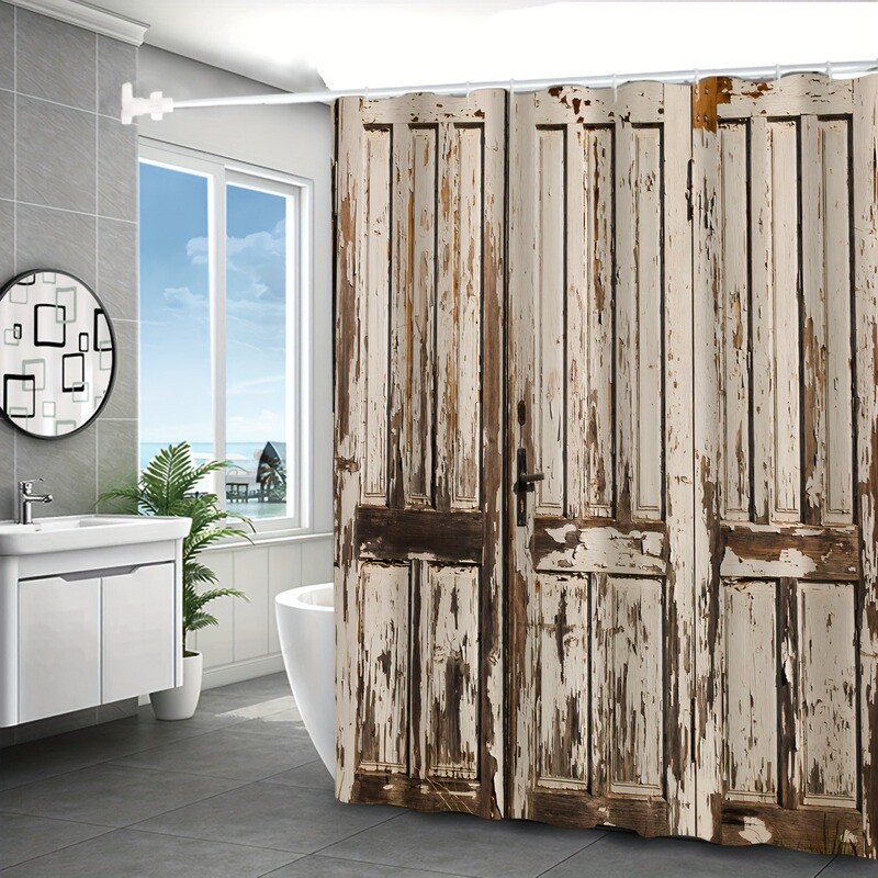 Rustic Wooden Barn Door Shower Curtain, Waterproof Shower Curtain, Wet and Dry Separation Bathroom Shower Curtain, Machine Washable
