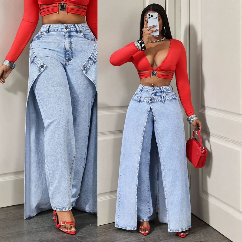European and American Style Women's Jeans with Double-Layer Waistband, Faux Two-Piece Design, Split Hem, Washed Wide-Leg Pants, Plus Size, Flattering for Curvy Figures, Floor-Length Pants