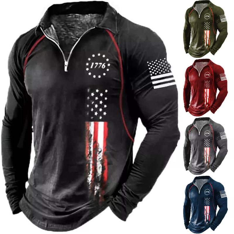 Autumn Cross-border European Code Men's 1776 Independence Day American Flag Pattern Printed Long Sleeve Polo Shirt