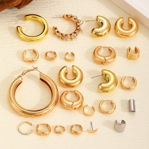 Earrings Women's European and American Simple Ins Exaggerated Earring Set Decorative Retro High-end Personalized Circle Ear Clip 