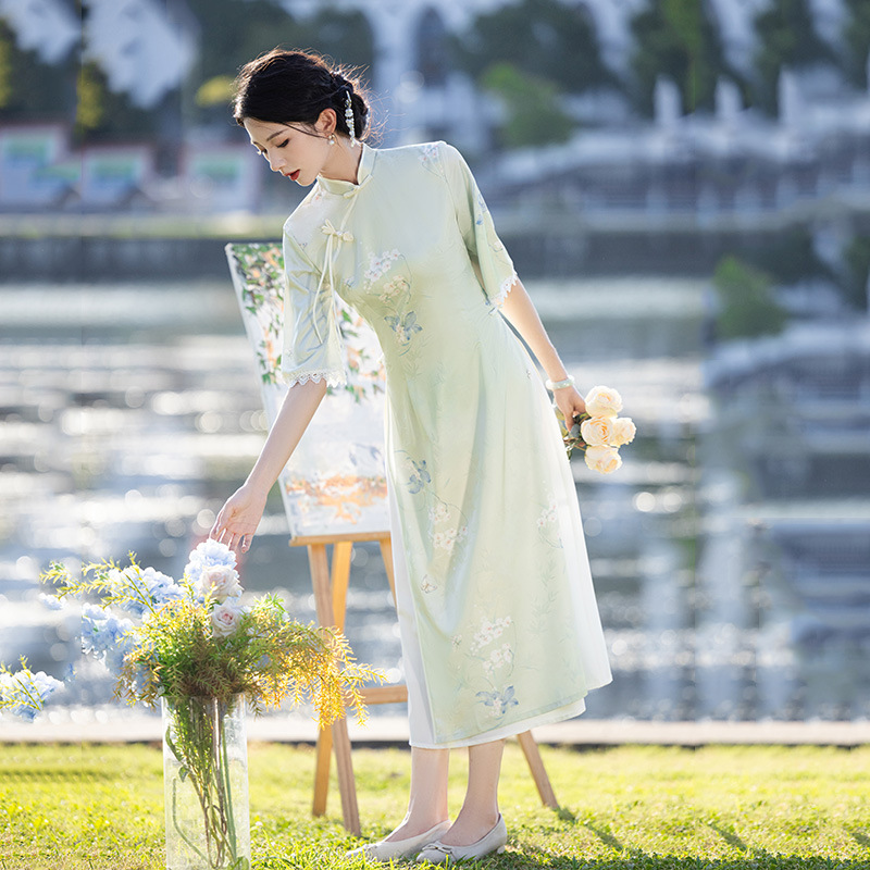 顯瘦奧黛國風年輕款新中式改良旗袍2024新款女復古短袖連衣裙春夏