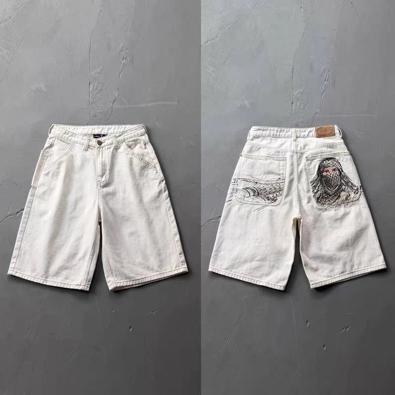 Derschutze Denim Shorts Heavy Embroidery Statue White