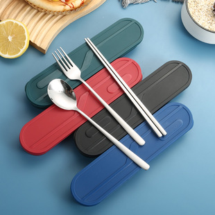 Wholesale 304 stainless steel tableware Korean portable student spoon Fork chopsticks three-piece storage box gift suit