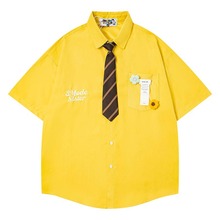 美式复古字母刺绣小花装饰领带短袖衬衫男女夏季宽松休闲情侣衬衣