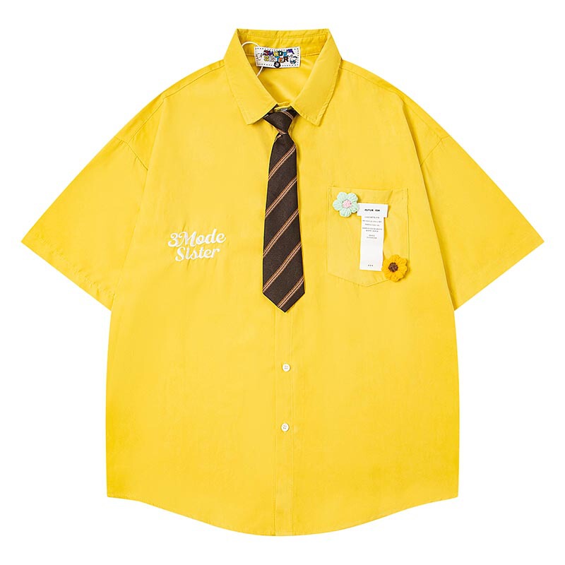 American Retro Letter Embroidery Small Flower Decorative Tie Short-Sleeved Shirt for Men and Women Summer Loose Casual Couple Shirt