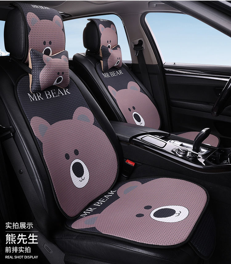L5U new cartoon car seat cushion breathable four seasons universal linen cool cushion heat insulation whole car rear seat cushion three pieces