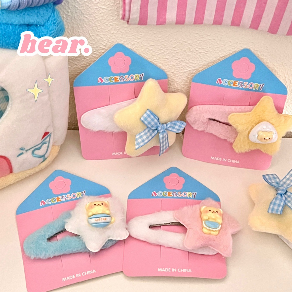 Primavera y verano lindas estrellas de peluche BB clips para niños dibujos animados joyeros para el cabello de la niña corazón de dopamina doble frangeo clip para el cabello roto