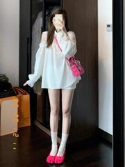 白色长袖防晒休闲衬衫女士法式挂脖露肩设计感宽松慵懒风蕾丝上衣