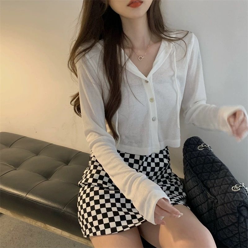 Gray Sun Protection Cardigan Female Summer Small Slim-fit Hood Jacket Long-sleeved