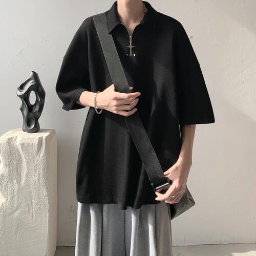 Men's Summer Loose Casual Plain Collared POLO Shirt American Streetwear Half Zip Short Sleeve T-Shirt with Honeycomb Pattern