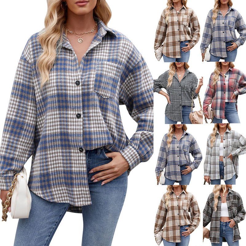 2024 Autumn and Winter Women's Houndstooth Paid Button Flannel Wool Shirt