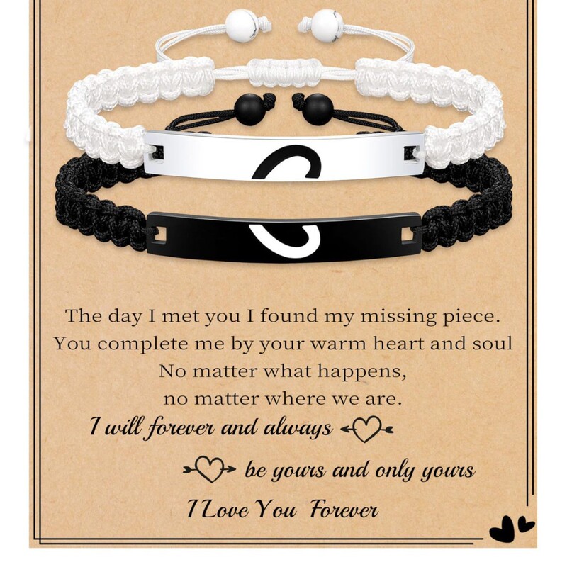Stainless Steel Curved Tag Couple Set Bracelet Holiday Gift Black and White Woven Adjustable Love Curved Tag Couple Bracelet Stainless Steel Curved Tag Couple Set Bracelet Holiday Gift Black and White Woven Adjustable Love Curved Tag Couple Bracelet