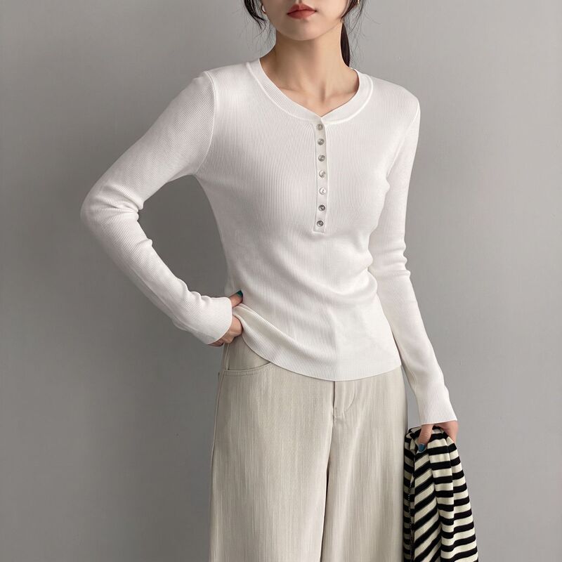 Early Autumn New Style Half-Open Henley Collar Merino Wool and Silk Blend Knit Base Shirt for Women, Slim Fit Inner Top Early Autumn New Style Half-Open Henley Collar Merino Wool and Silk Blend Knit Base Shirt for Women, Slim Fit Inner Top
