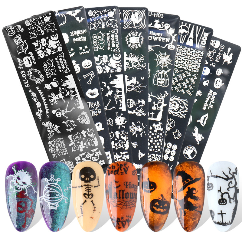 2022 cross-border new nail art template ins Halloween theme skeleton pumpkin nails stainless steel transfer Template