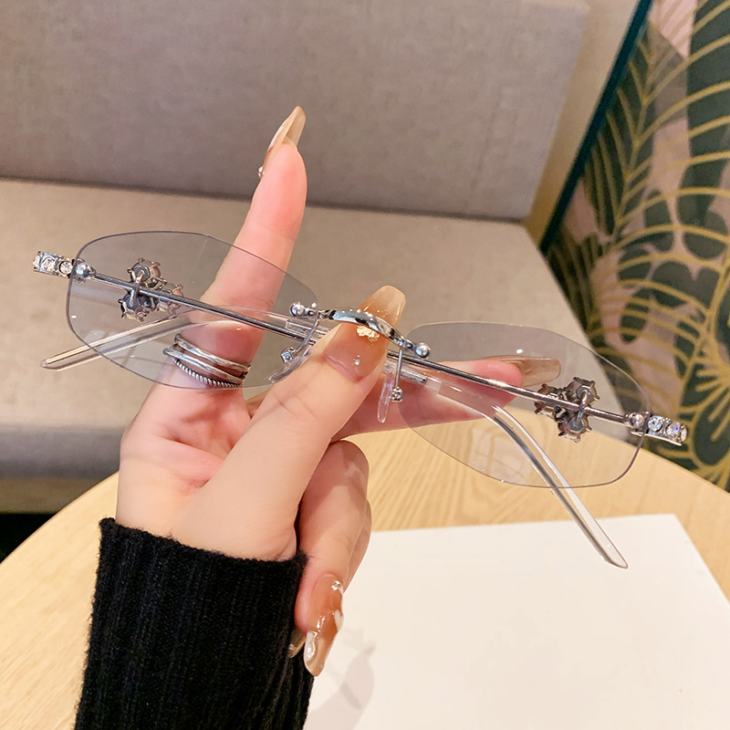 新款欧美跨境眼镜多边形无框平光镜女高级感镶钻珠宝镜架防蓝光|undefined