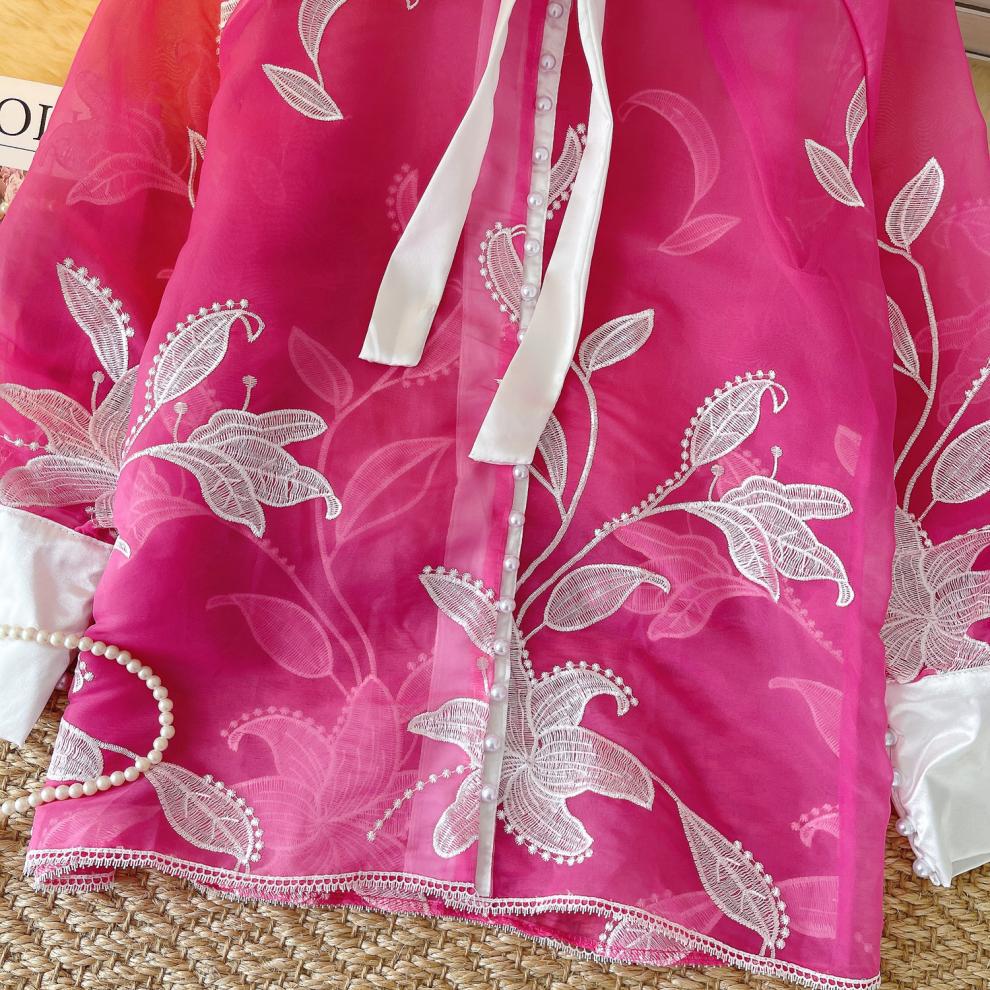 Damenbekleidung Damenoberteile neue Nische schwere Stickerei Schnürung Perlenknöpfe loses Netzhemd_voghion.com