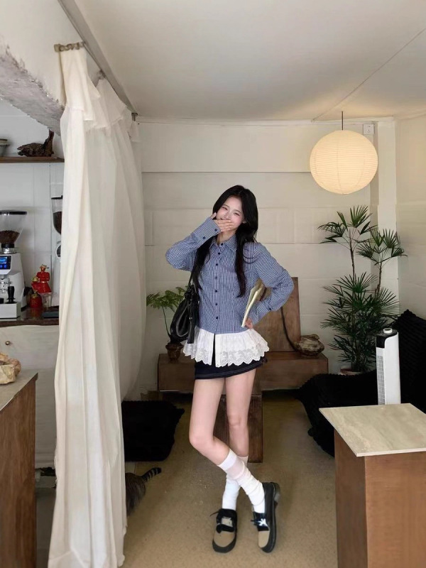 韩系气质花边拼接衬衫女秋季超好看显瘦长袖格纹衬衣百搭修身上衣|undefined