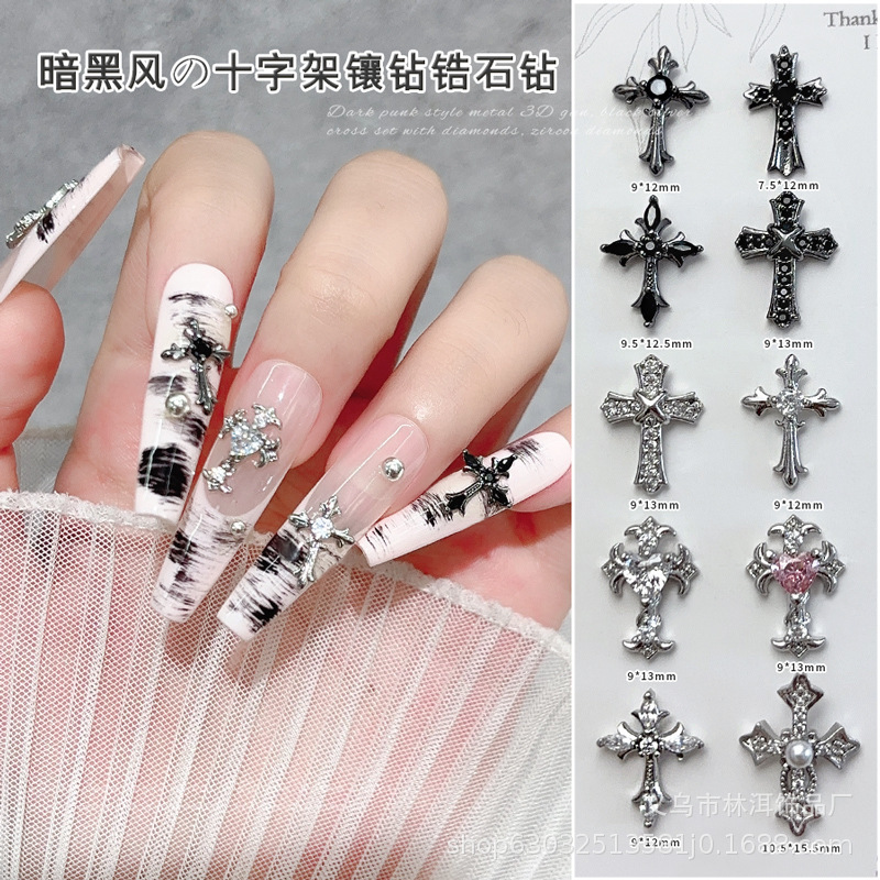 Cross-Shaped Zircon Nail Art Accessories, Cross-Border Hot-Selling Items, Retro Dark Style Halloween Wearable Nail Diamond Accessories
