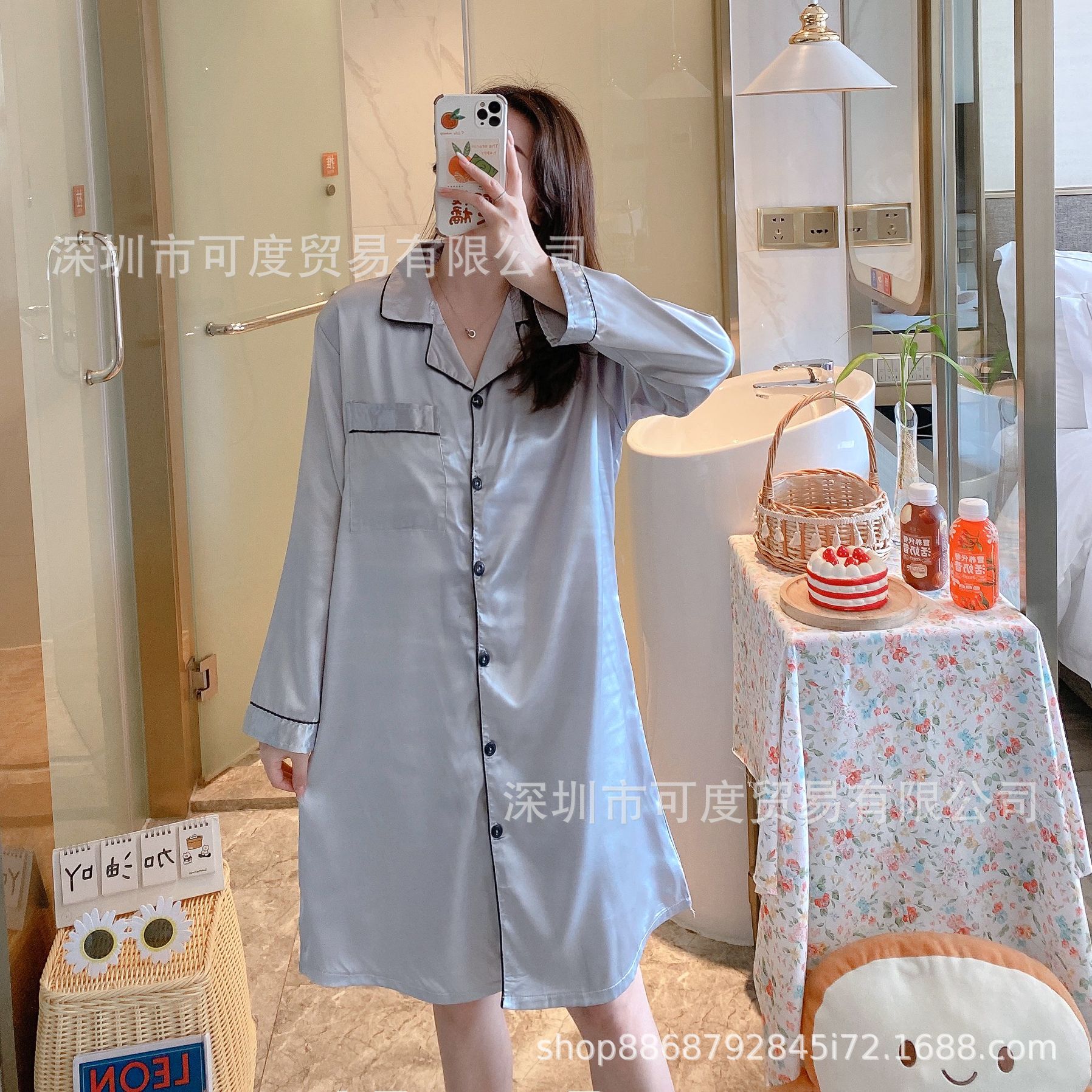 silk pajamas外贸5075纯色弹力仿真丝绸睡裙女批发长袖睡裙家居服