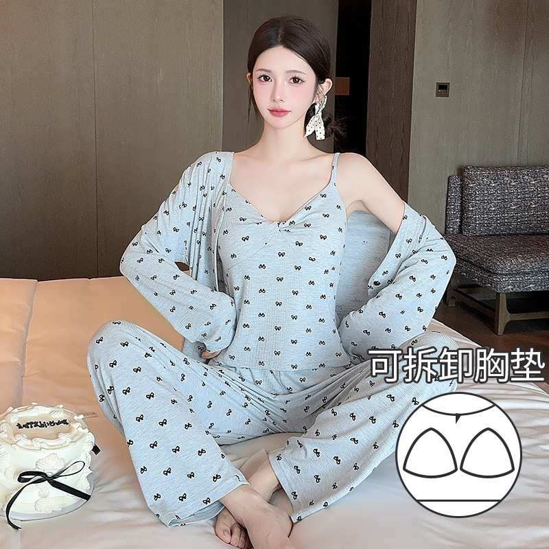 2025秋冬の新型は、取り外し可能な胸パッド付きのパジャマ女性モーダルカジュアルで痩せた家庭服セットの3点セットです。|undefined