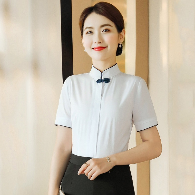 Chinese-style button-down white shirt for flight attendants, airline staff, Chinese-style restaurant workwear, professional shirt, service staff uniform Chinese-style button-down white shirt for flight attendants, airline staff, Chinese-style restaurant workwear, professional shirt, service staff uniform