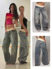 Revice Denim Ribbed Waist Straight-Leg Jeans Vintage Washed Blue Wide-Leg Heavy Embroidery