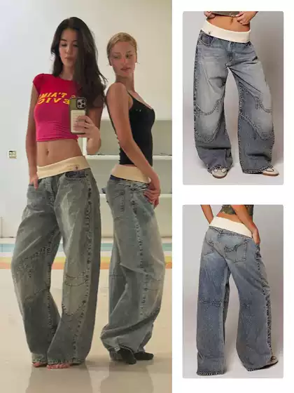 Revice Denim Ribbed Waist Straight-Leg Jeans Vintage Washed Blue Wide-Leg Heavy Embroidery