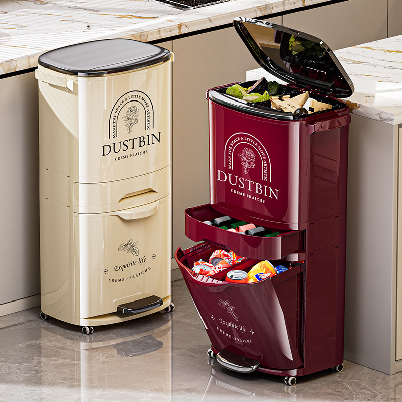 Kitchen-Specific Trash Can, Three-Layer Large-Capacity Dry and Wet Separation Trash Can with Lid, No Bending, Removable Storage Bin