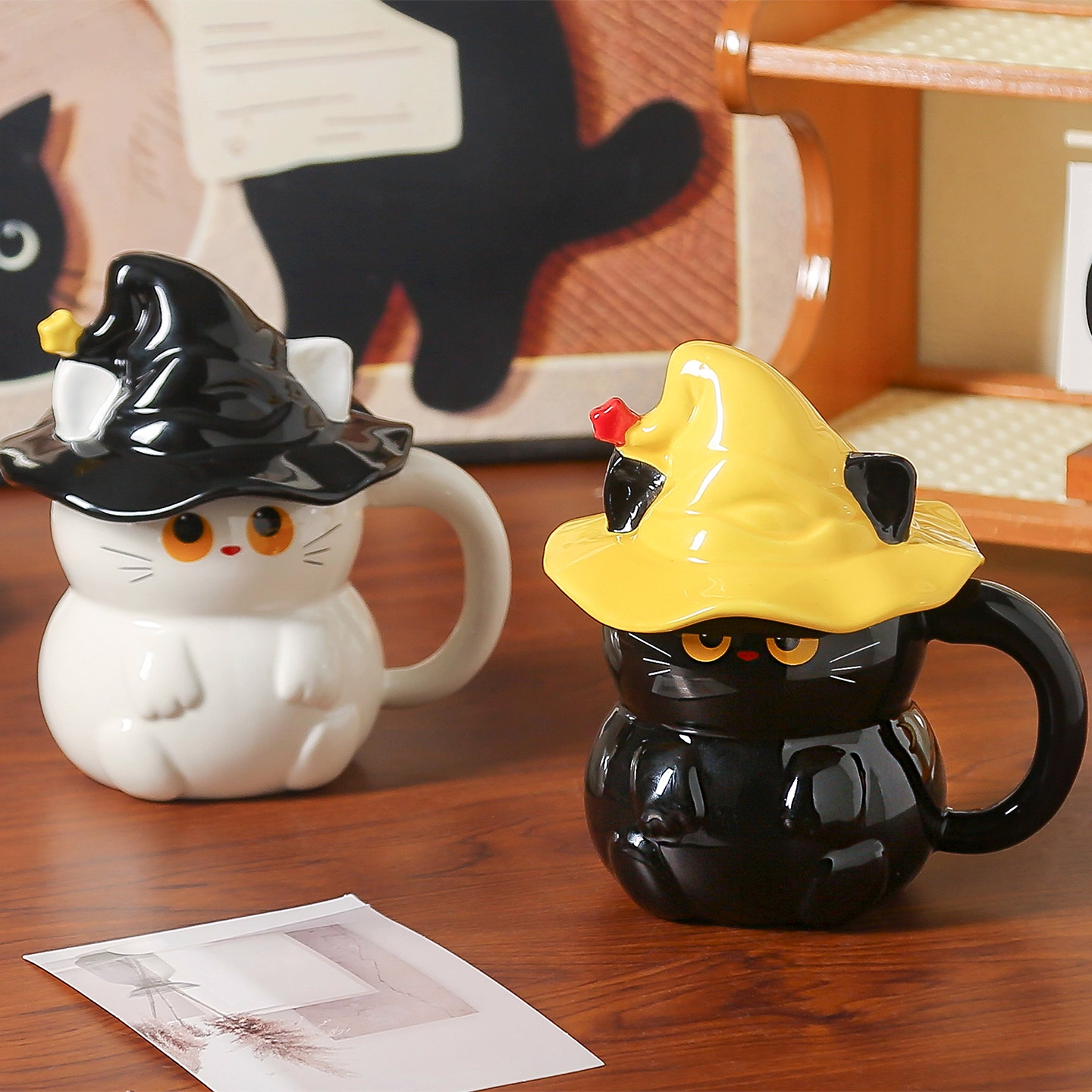 Sombreros mágicos para gatos tazas Halloween creativas encantadoras fantasmas caseras parejas con tazas de cerámica tazas de tapa