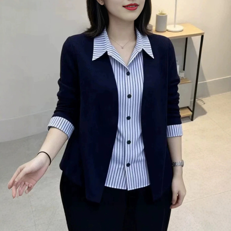 2026 fashion slimming look fake two-piece design, popular early autumn new product, age-reducing patchwork long-sleeve fake two-piece shirt for women