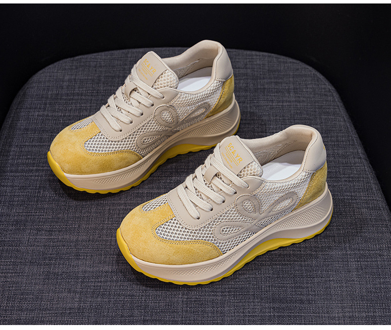Giày sneaker nữ chunky đế dày phối màu da thật phong cách retro — M2915-1 Beige Lưới Xuyên, M2915-1 Vàng Lưới Xuyên chi tiết 21