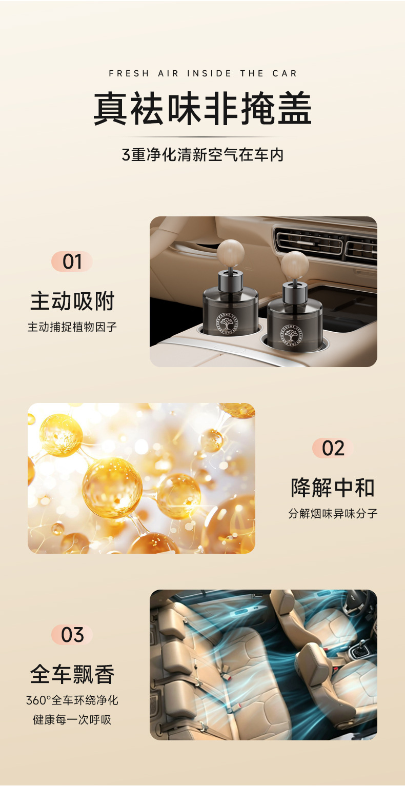 New high-end car air freshener, long-lasting fragrance for car cup holders, plant-based essential oil aroma with wooden beads