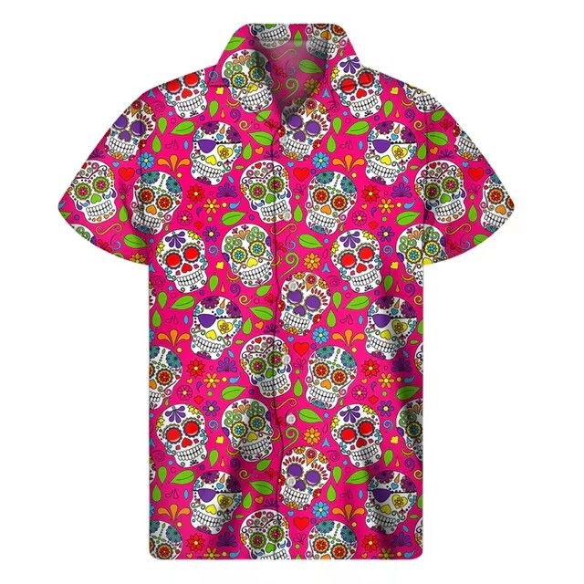 3D Digital Print Pink Flower Skull Pattern Beach Shirt For Men Short Sleeve Button Up Shirt Cross Border Hot