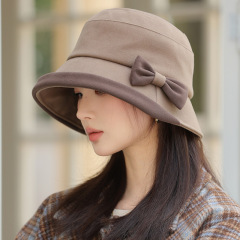 女性用の新しい秋と冬のリボンハット、ハイエンドのフィッシャーマンハット、カジュアルで多用途、暖かいバケットハット、顔が見える小さな盆地ハット