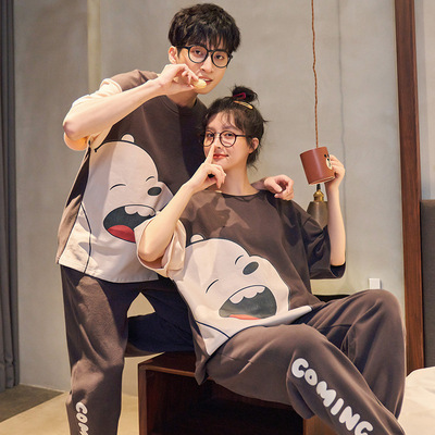 2021夏季新款柔软舒适透气圆领套头宽松卡通可外穿情侣棉睡衣套装