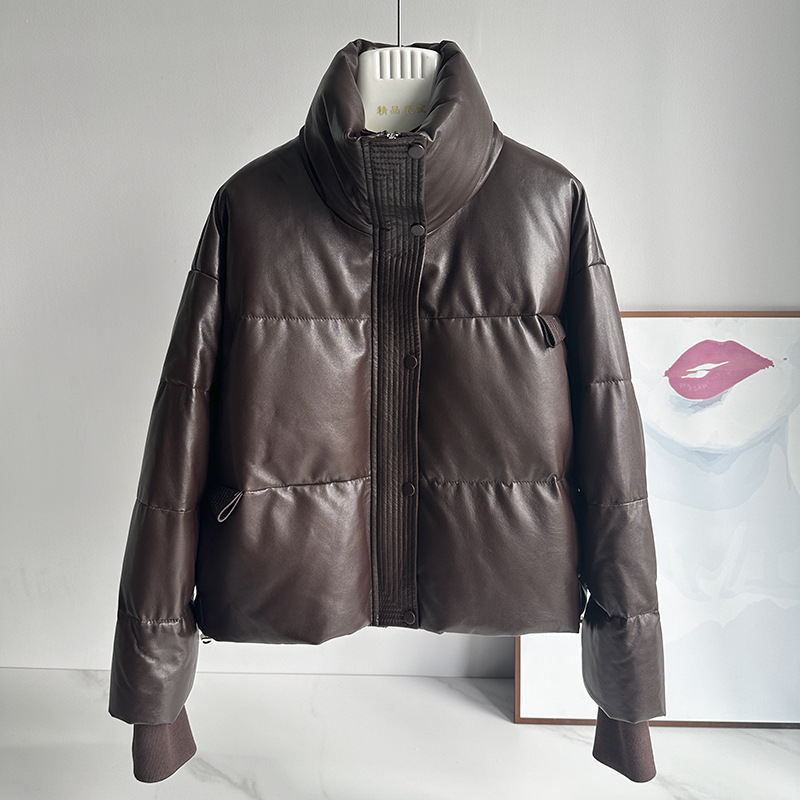 Winter New Leather Down Jacket Women's Short Vertical Collar Leather Sheepskin Loose Fashion All-match Casual Jacket