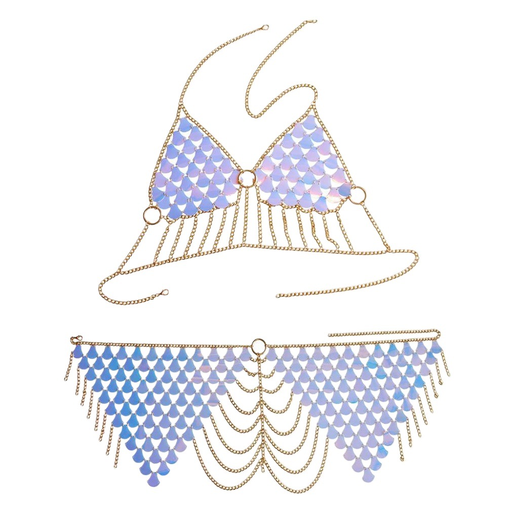 Cadena de pecho sexy de verano con diseño de escamas de pez para mujer, cadena corporal sin espalda, conjunto de cadena corporal con lentejuelas estilo europeo y americano.