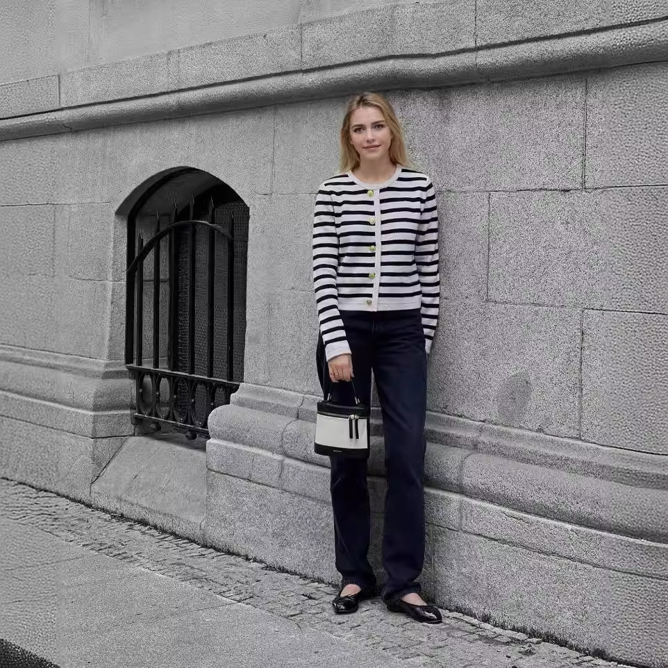Comercio exterior europeo y americano nueva ropa de mujer Amazon AliExpress venta caliente cárdigan de punto de cuello redondo a rayas suéter casual de moda image 5