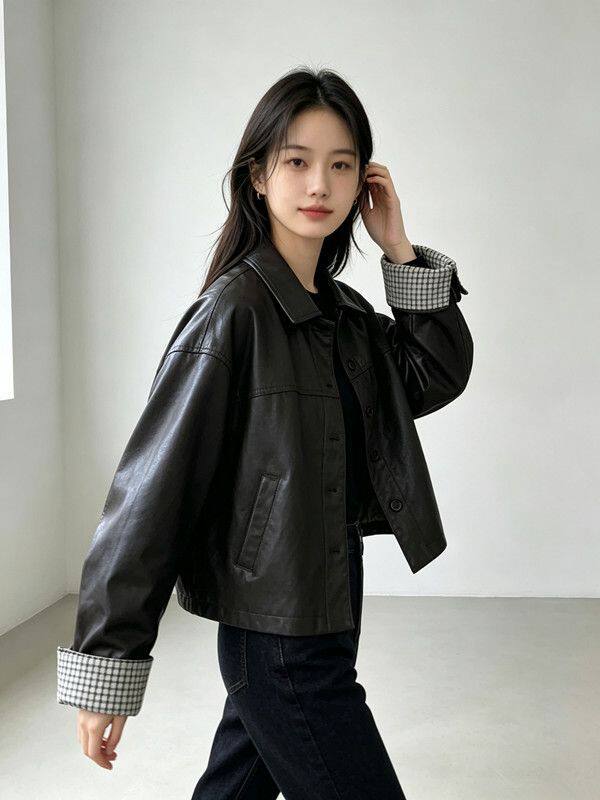 Áo khoác da PU nữ dáng ngắn cổ bẻ, phong cách Hàn Quốc, thời trang casual, dáng rộng, dễ phối đồ, retro, mùa thu — Màu nâu cà phê, màu đen chi tiết 12