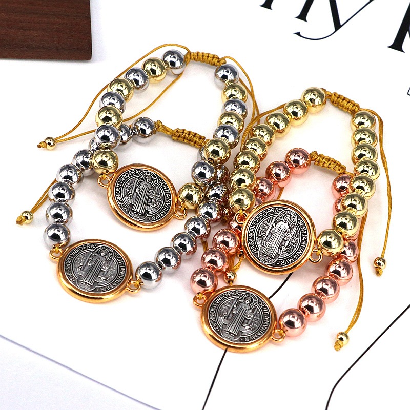 1 Piece Quantity Wholesale Jewelry Casual Vintage Style Religion Human Saint Benedict Copper Gold Plated Beaded Bracelets
