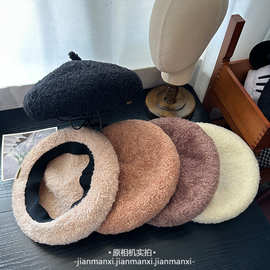秋冬新款毛绒帽子保暖贝雷帽简约百搭画家帽文艺大头围纯色南瓜帽